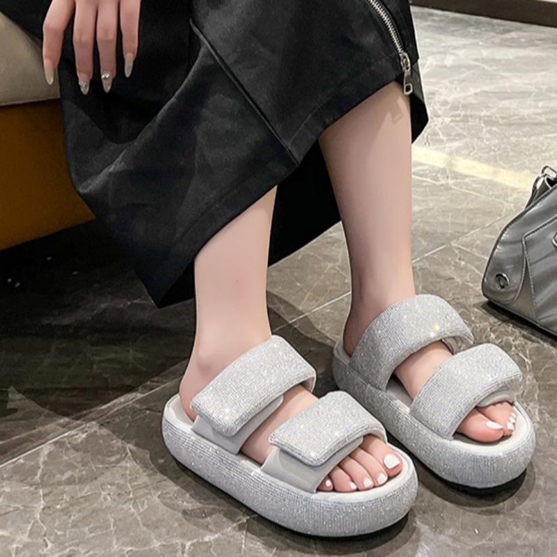 Fashion Fashion Flat Sandals Summer New Round Head Open Toe Crystal with Waterproof Table Anti-slip Wear-resistant Slippers