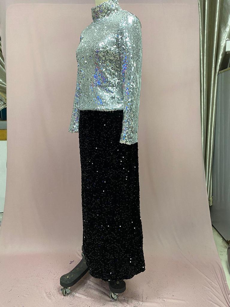 2025 High Waist Sequined Midi Skirt with Elastic Back Slit for Women