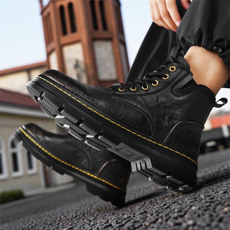 Herren Retro Martin Stiefel: Echtleder, Höhenvergrößernd, Dicksohlig, Mid-Top, Distressed Outdoor-Arbeitsstiefel