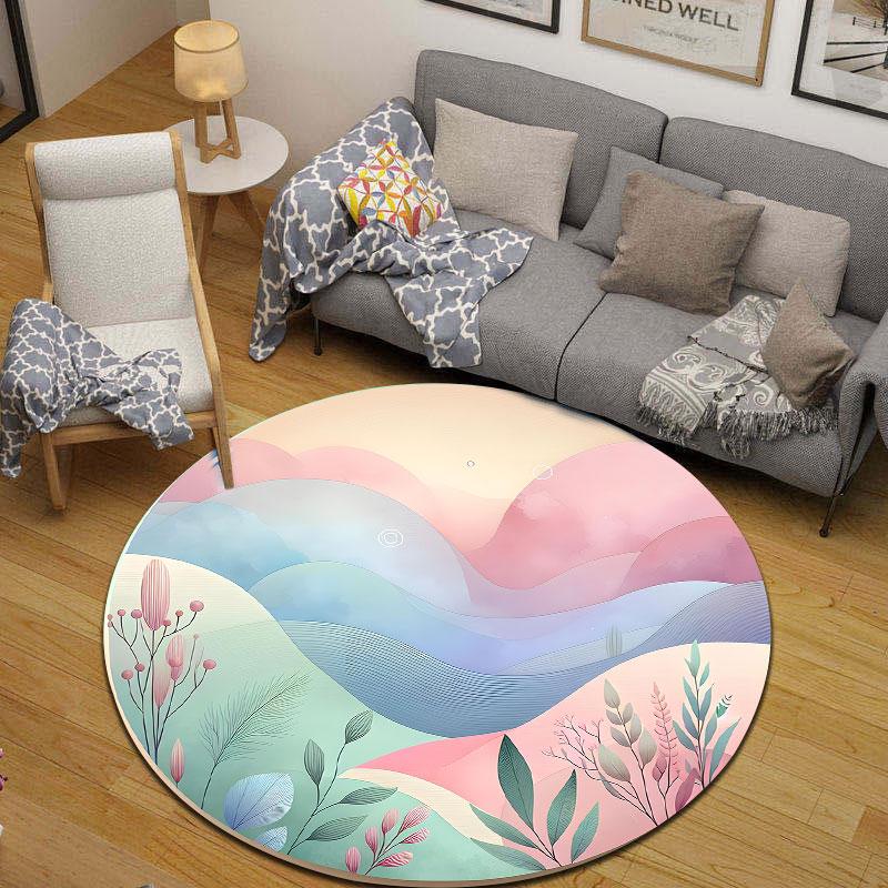 Handmade Style Round Minimal Multicolor Carpet, Non-Slip Floor Mat for Dining Room