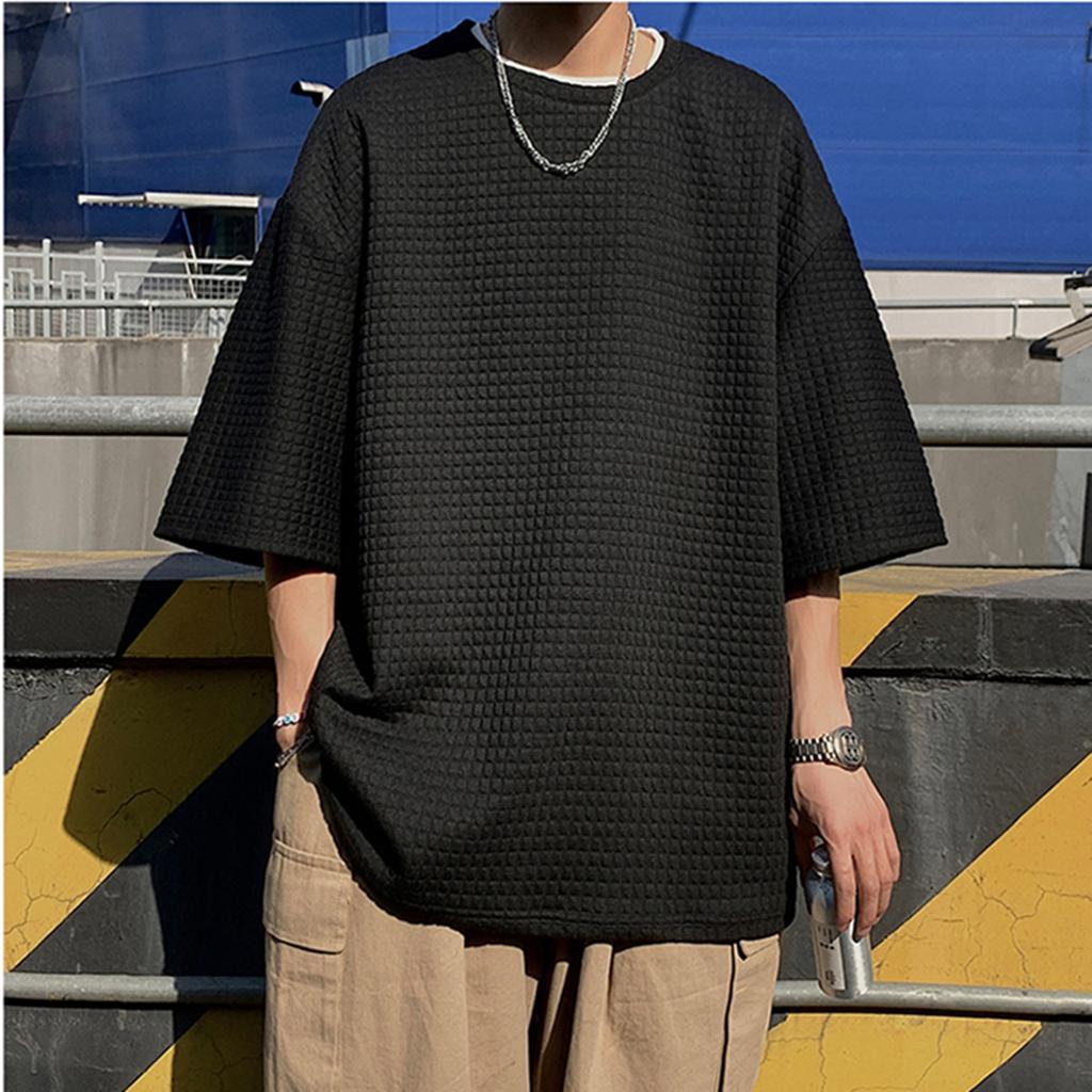 Waffle Short-sleeved T-shirt Men's Summer Harajuku Style Half-sleeved Five-point Sleeve Hong Kong Style White T-shirt