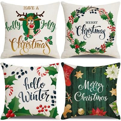 Funda de almohada Serie Verde Navideño Funda de almohada de lino con estampado de dibujos animados Suministros para el hogar Cojín de sofá