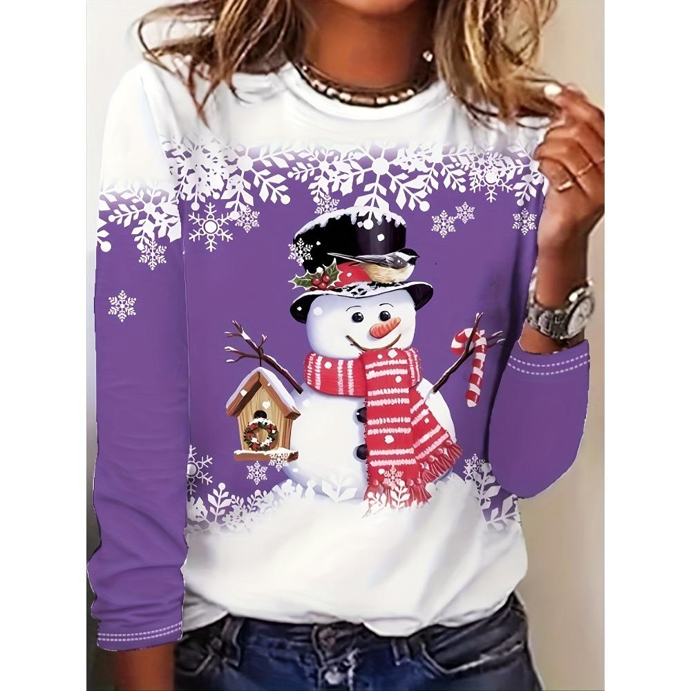 

3D Print Snowman Women s Crew Neck T-Shirt, Casual Long Sleeve T-Shirt For Spring Women s Clothing Pullover XXL
