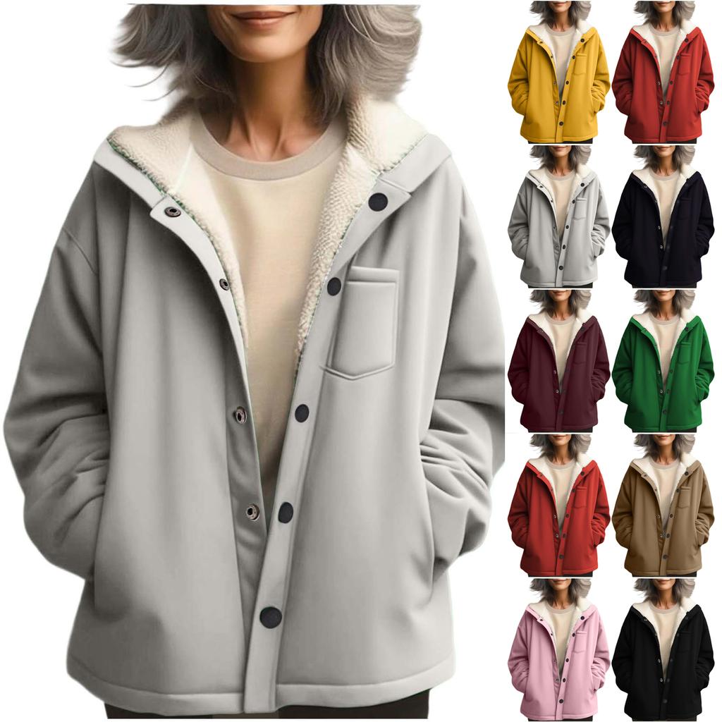 Women's Fashionable Solid Color Hooded Long Sleeved Button Pocket Warm Jacket Jacket
