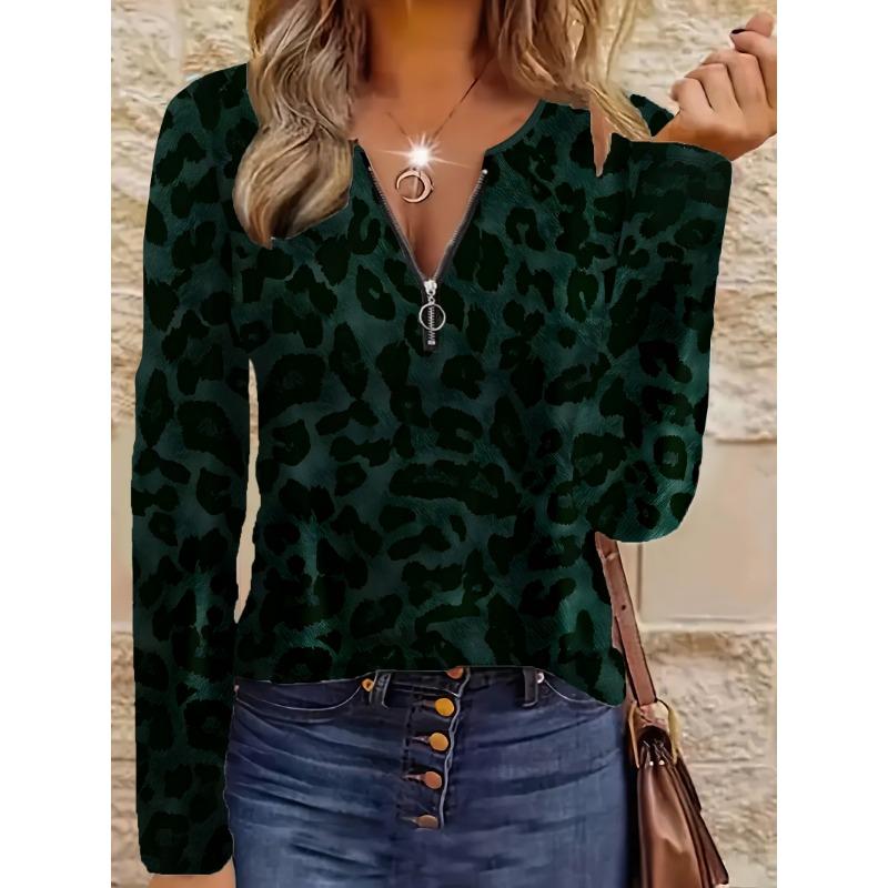 Elegant casual comfortable style leopard print element pattern true to size women s round neck zipper long sleeves S