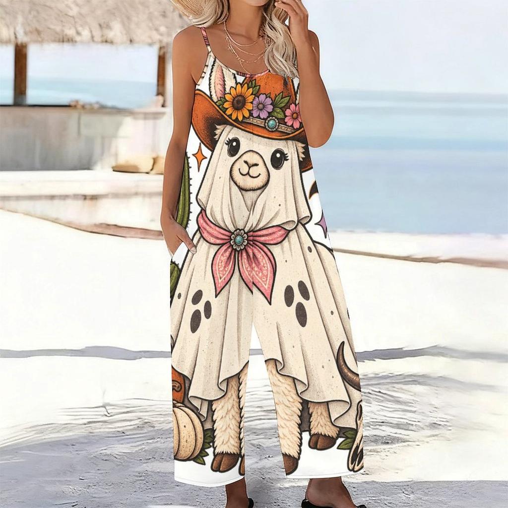 Women Spaghetti Strap Jumpsuit Fun Back To School Book Crayon Star Print Wide Leg Pants With Pockets