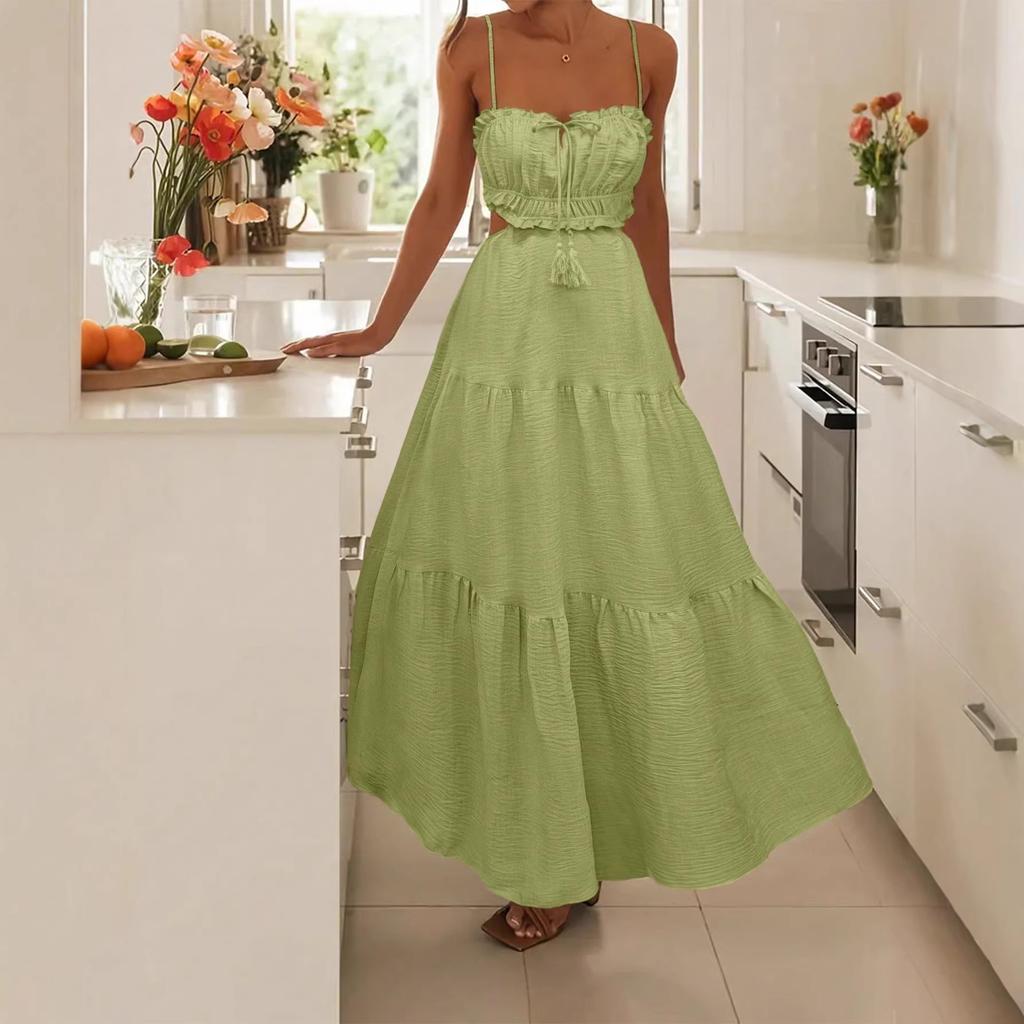 European and American Women's Clothing New Sleeveless Solid Color Suspender Long Dress Seaside Vacation Dress