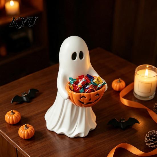 Festive Home Accents Halloween Ghost Figurine with Pumpkin Candy Bowl, Cute Resin Statue, Freestanding Vintage Style Ornament Trick or Treat