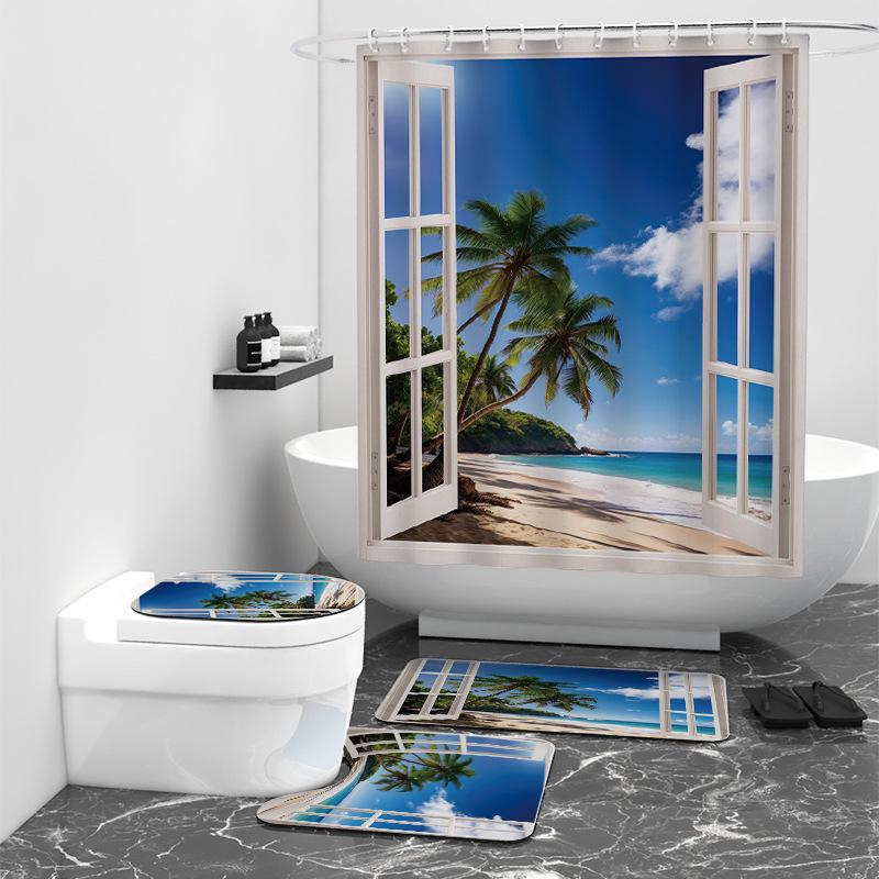 Window Beach Landscape Pattern Digital Printing Bathroom Four-Piece Polyester Shower Curtain Floormat40x60cm