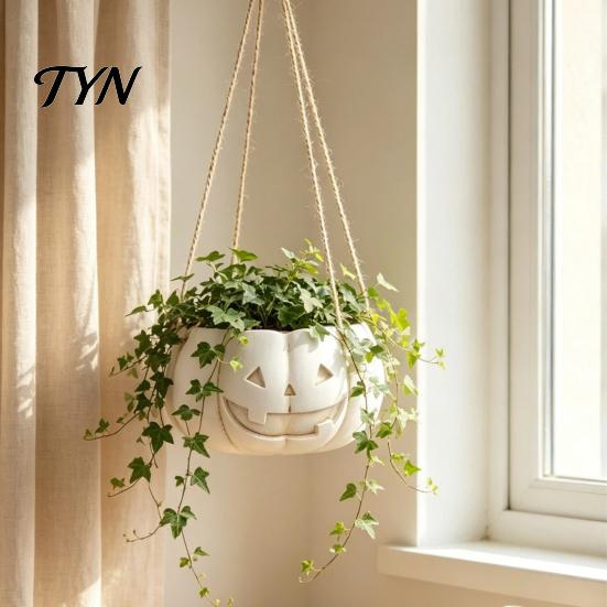 Durable Resin Planter Pumpkin Shaped Hanging Plant Pot, 4.3 Inch Lightweight Flower Adjustable Modern Aesthetic Room Accents Rope Mini Pots for Indoor