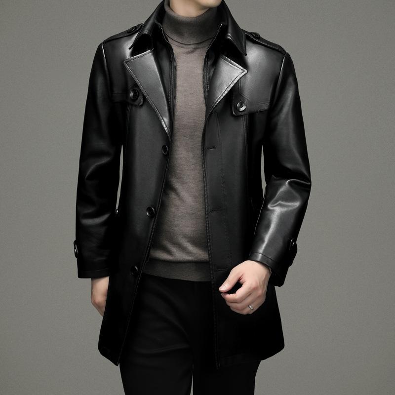 Winter Genuine Leather Jacket Sheepskin Men's Mid-length Leather Windbreaker Lapel Plus Velvet Thickened Leather Coat for Men