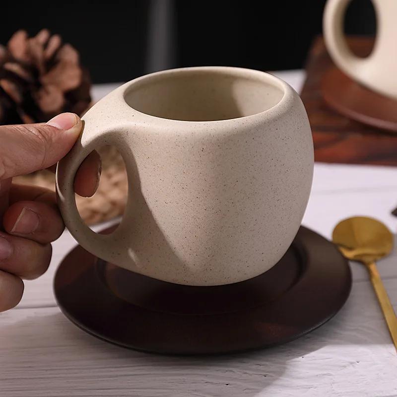 Ceramic coffee cup and saucer set retro latte American coffee cup wooden coasters tea cups spoon flower cups.
