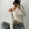 New Arrivals Open Run Women Off Shoulder SpliT STrap Shirring Crop Long Sleeve T