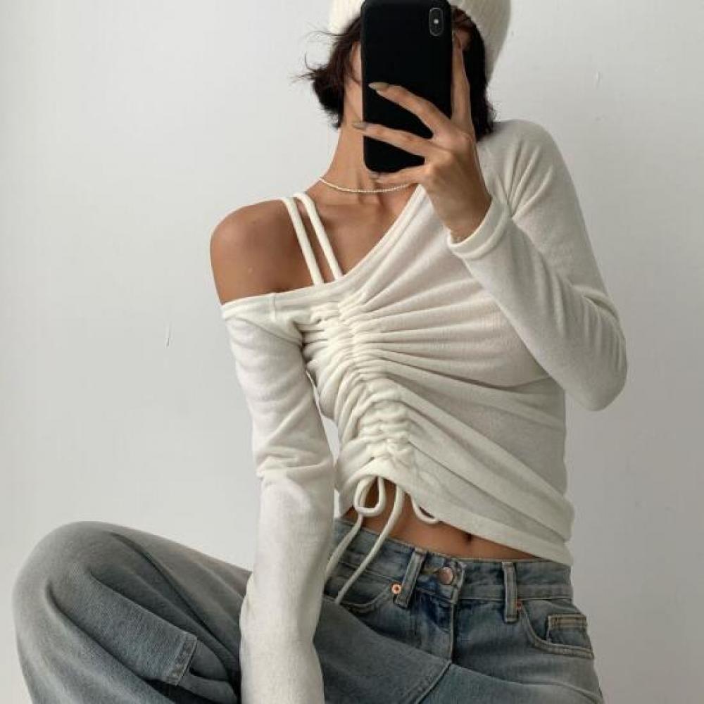 New Arrivals Open Run Women Off Shoulder SpliT STrap Shirring Crop Long Sleeve T