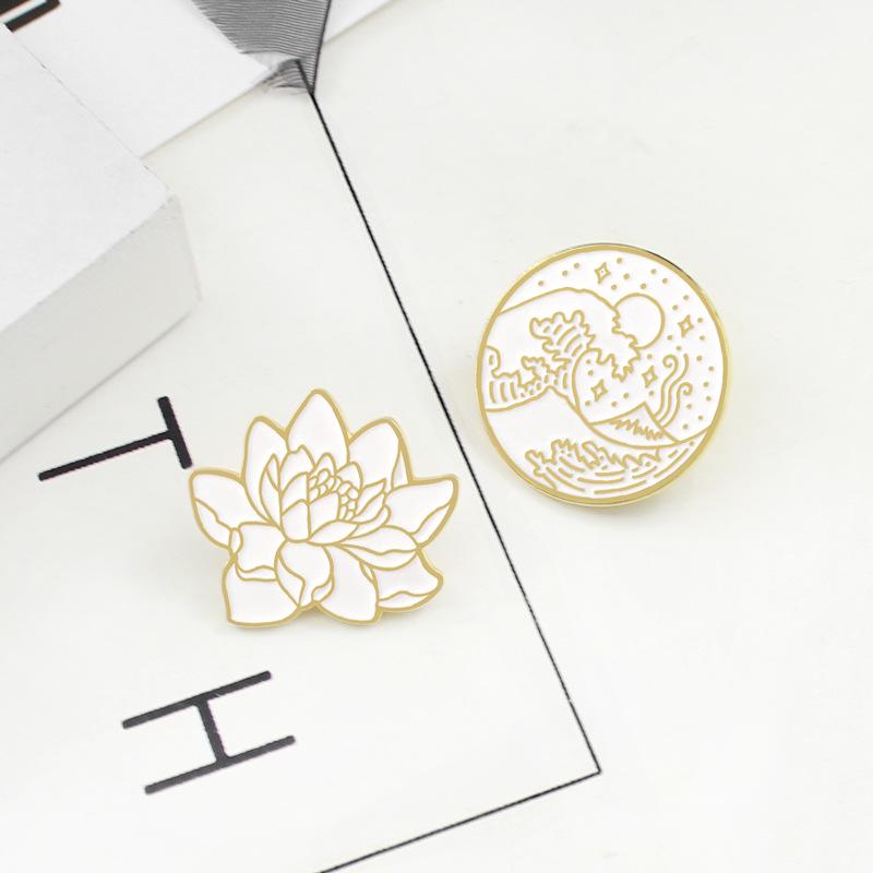 Retro Alloy Brooch: Japanese Ukiyo-e Lotus Wave Style