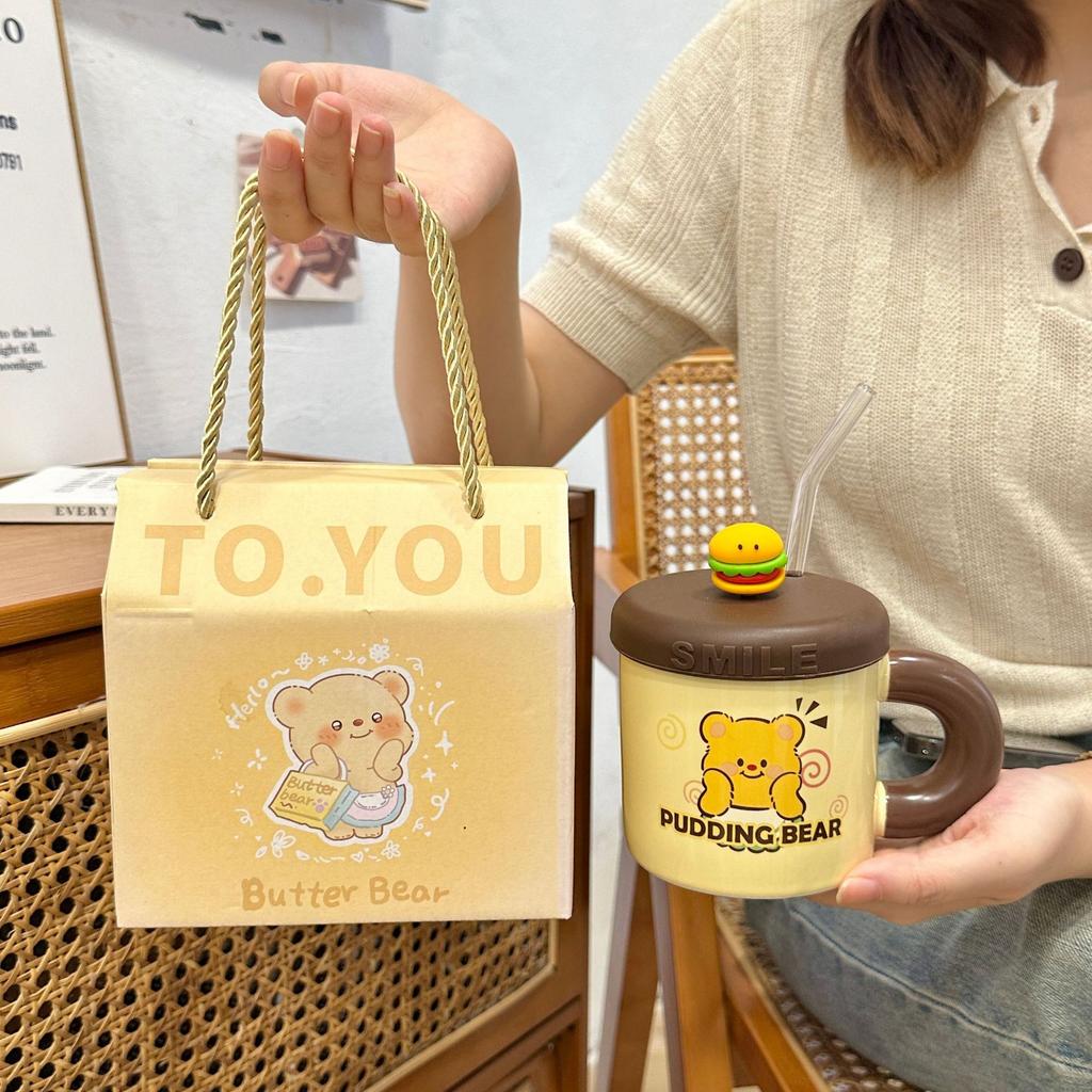 Cute Butter Bear Straw Cup High Value Ceramic Mug with Lid Cute Drinking Water Cup Birthday Gift Practical