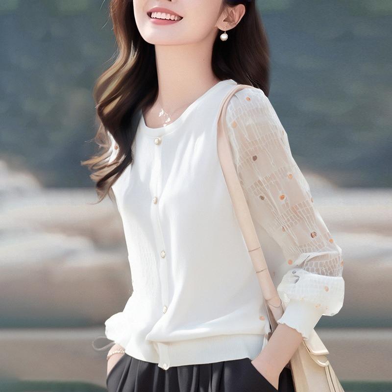 Spring and summer knitted splicing chiffon long-sleeved shirt top shirt