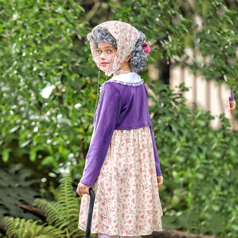 100 Day of School Cosplay Costume Set Kids Old Lady Costume Accessories Faux Pearls Necklace Glasses Crutch Floral Dress