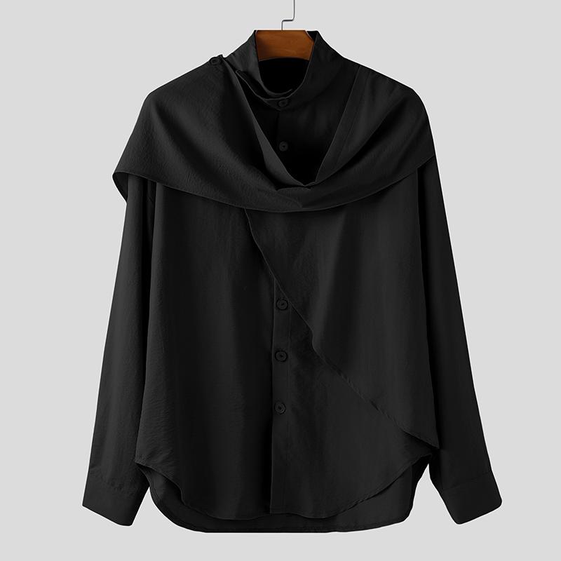 

INCERUN Spring Men Stand Collar Long Sleeve Irregular Patchwork Casual Tops Shirts 5XL чорний