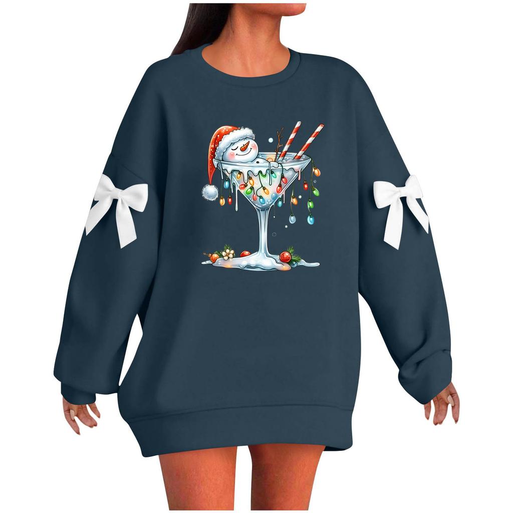 Ladies' Christmas Printed Bow Round Neck Long Sleeved Loose Pullover Sweater Sweatshirt Top