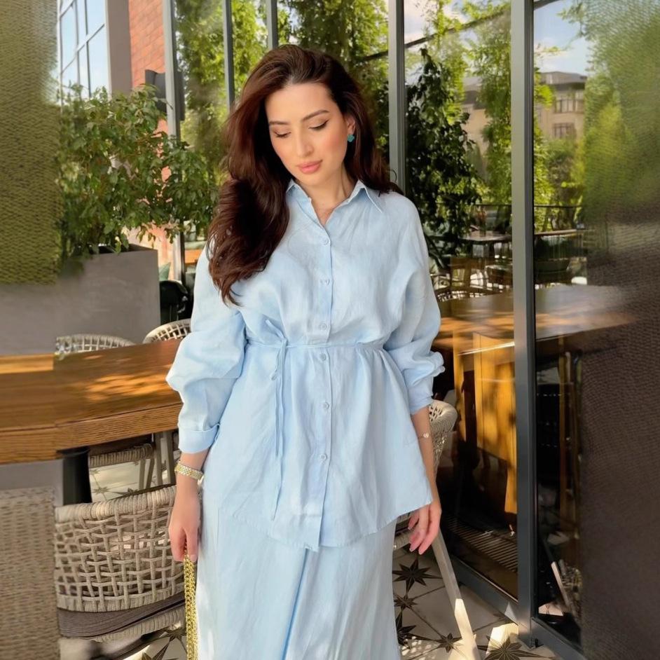 2025 Autumn Sweet & Salty Style Long-Sleeve Tie-Up Shirt and Hip-Hugging Skirt for European & American Women