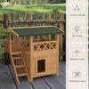 Outdoor Cat House with Terrace, Stairs, Roof, 77 x 50 x 73 cm, Natural and Green Wood