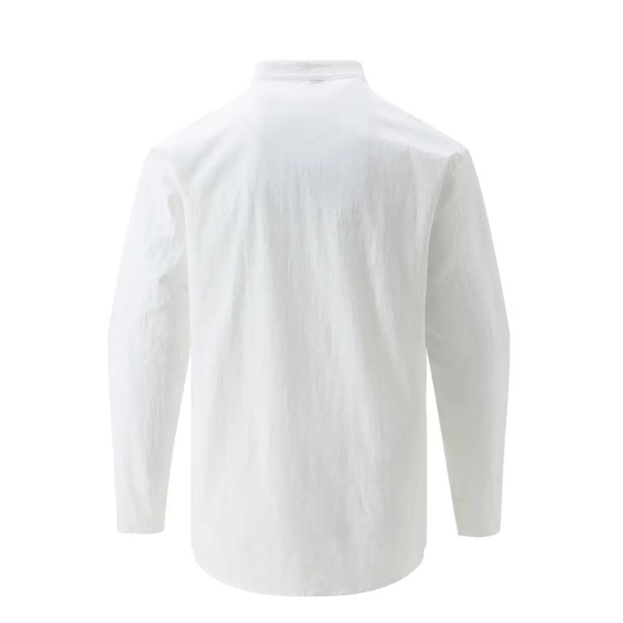 Camicia da uomo in cotone e lino, stile retrò, taglie forti, tinta unita, a maniche lunghe, con bottoni e collo alto, primavera autunno, all'aperto