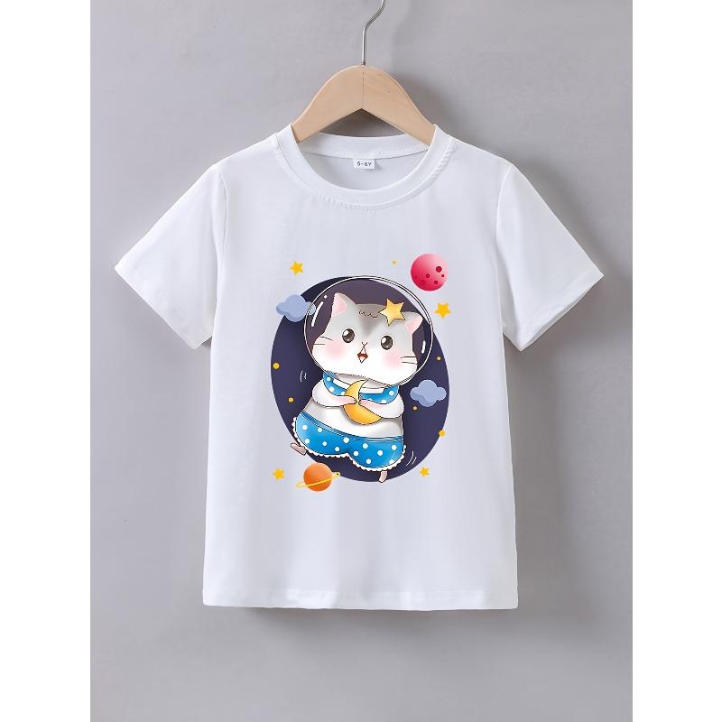European sizes Girls Summer Short-Sleeve T-Shirt Featuring a Cute Cartoon Astronaut Hamster Print 110 белый