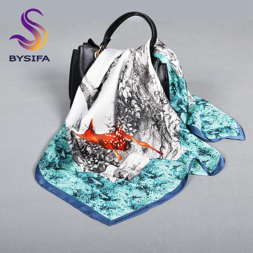 BYSIFA New Orange Coffee Silk Scarf Hijab Fashion Elegant Floral Square Scarves Foulard Spring Fall Lady Head Scarf Accessories