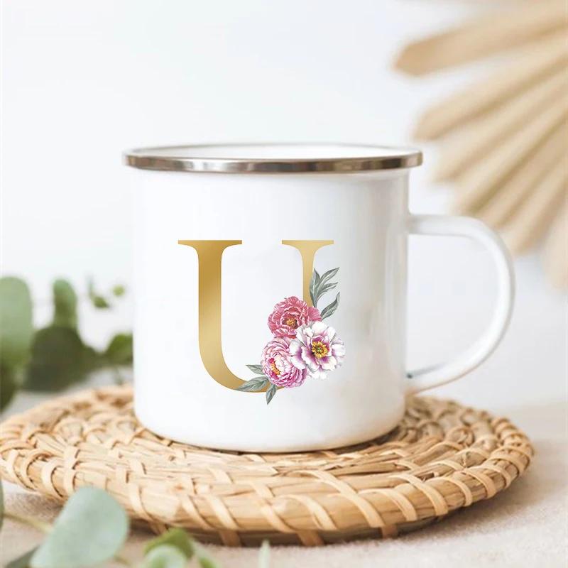 Letter Floral Print Vintage Enamel Mugs Creative Coffee Tea Cup Drink Dessert Milk Cups Handle Drinkware Wedding Bridesmaid Gift