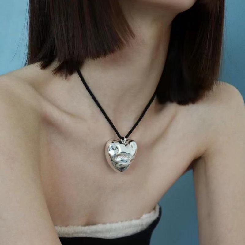 

Korean Pleated Heart Necklace: Long Adjustable Black Rope with Irregular Peach Heart Pendant