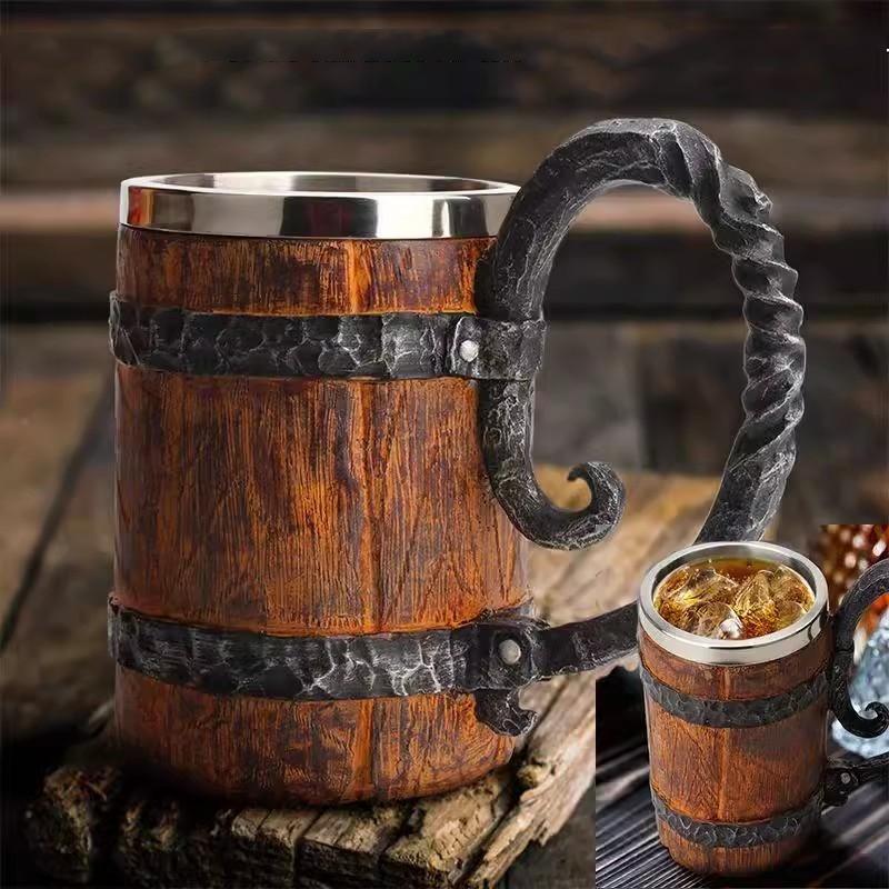 600ml Viking Wood Style Beer Mug Christmas Gift Simulation Wooden Barrel Cup Double Wall Drinking Mug Metal Insulate Bar Kit
