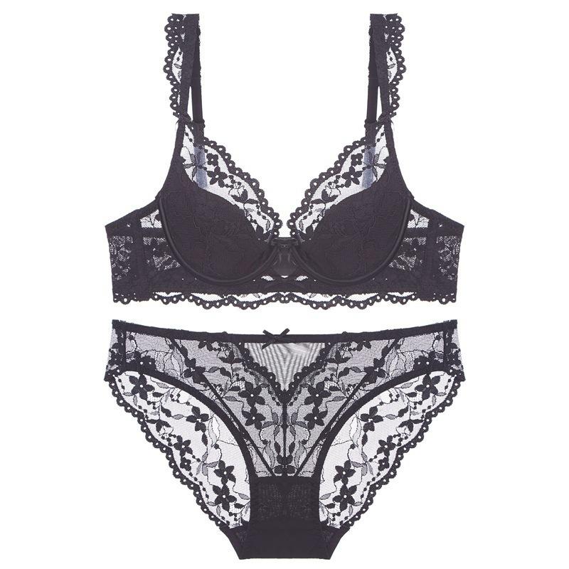 

French underwear sexy pure desire thin soft steel ring lace bra small breasts gather and close the secondary breasts upper support underwear 85C чорний
