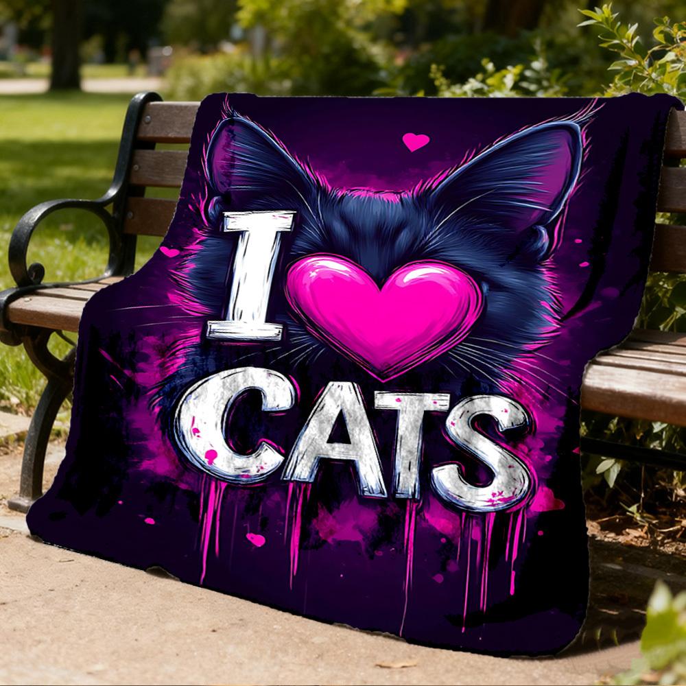 1pc I Love Cats Print Outdoor Blanket, Lightweight Polyester,