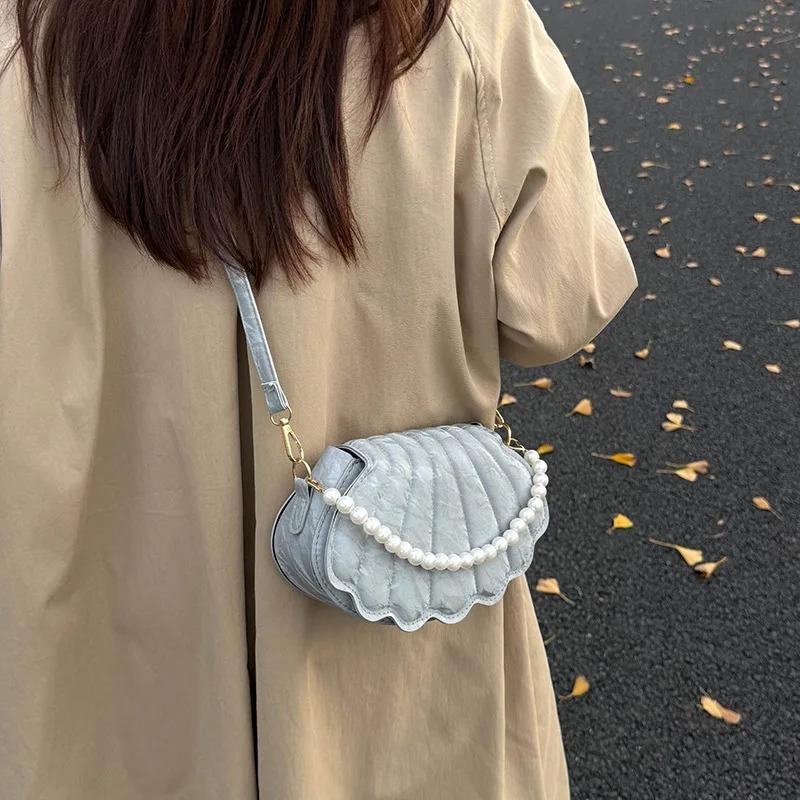 Sweet Simple Flap Shell Shoulder Bags for Women Portable Ladies Crossbody Bag Solid Color Female Pearl Chain Handbags Purse