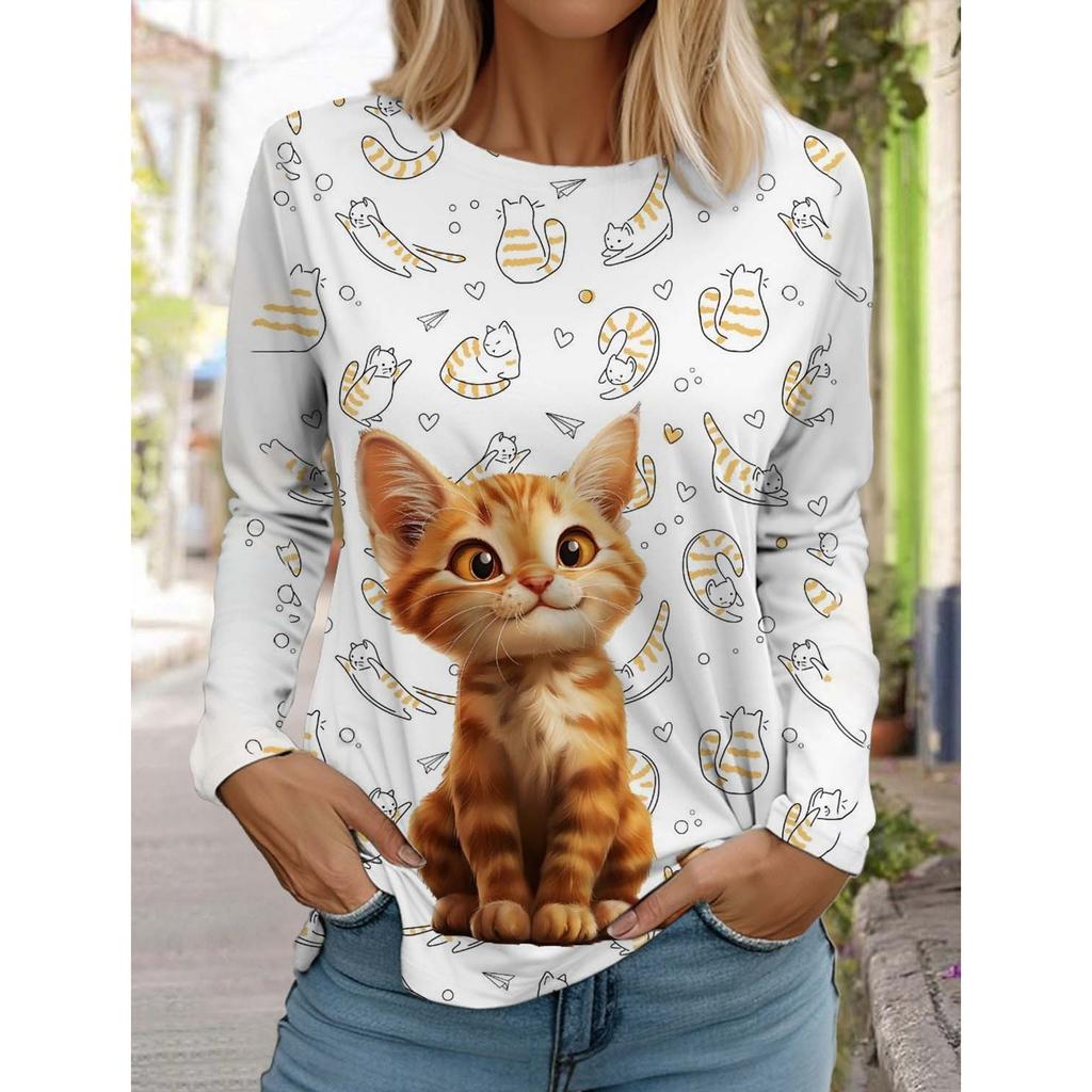 Christmas Cute Cat Women's Long Sleeve T-Shirt Autumn Animal Clothing Holiday Fashion Party T-Shirt
