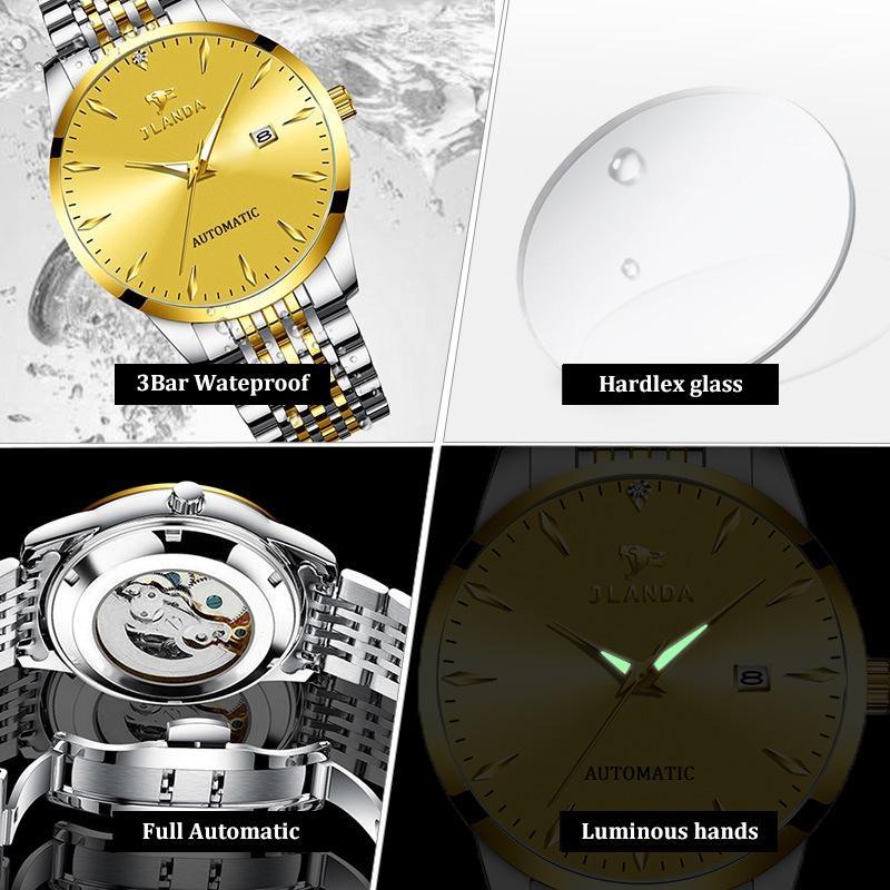 Automatic Self-Wind Men's Watch Luxury Business Dress Watches with Date Display Steel Bracelet Waterproof Luminous Hands