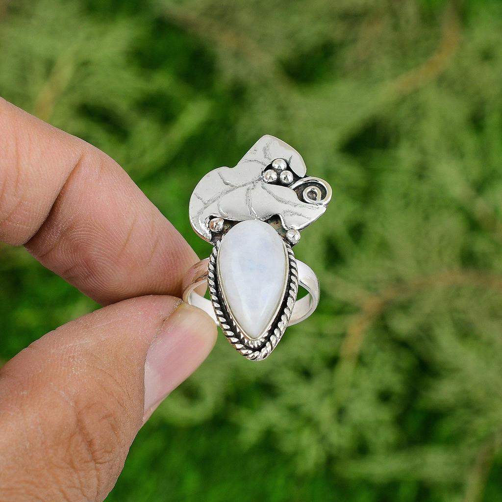 Sterling Silver Pear Natural Rainbow Moonstone Engagement Ring Jewelry US 8.5