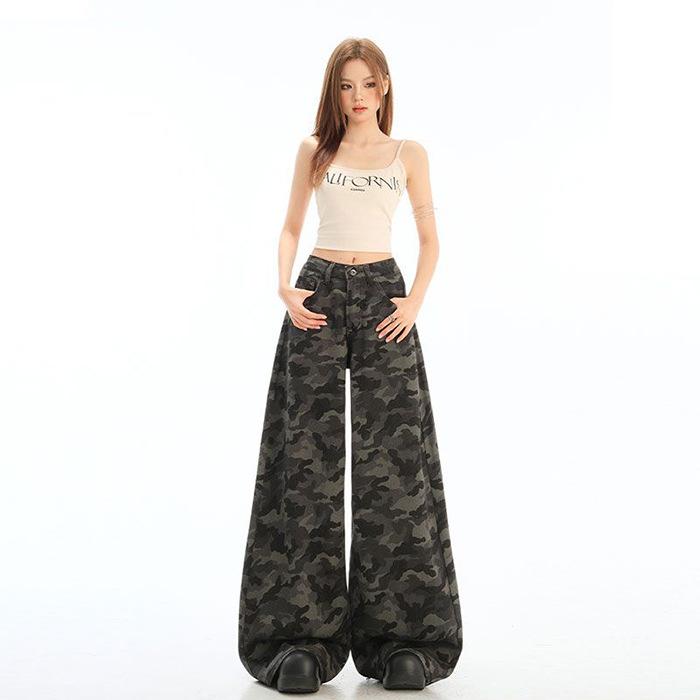 

Американские уличные рабочие широкие джинсовые камуфляжные брюки для женщин, маленький размер 2025, новые, с высокой талией, тонкие, свободные, прямые XS