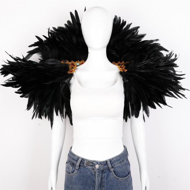 Veer Sjaal Cape Schouderomslag Gothic Veer Shrug Poncho Gouden Kraag Halloween Cosplay Kostuum voor Volwassenen Vrouwen