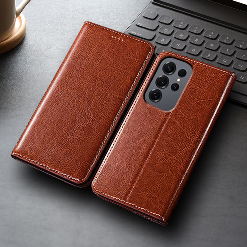 Crazy Horse Genuine Leather Flip Case for Samsung Galaxy S20 S21 S22 S23 S24 S25 S26 FE Plus Ultra Phone Cover Card Cases