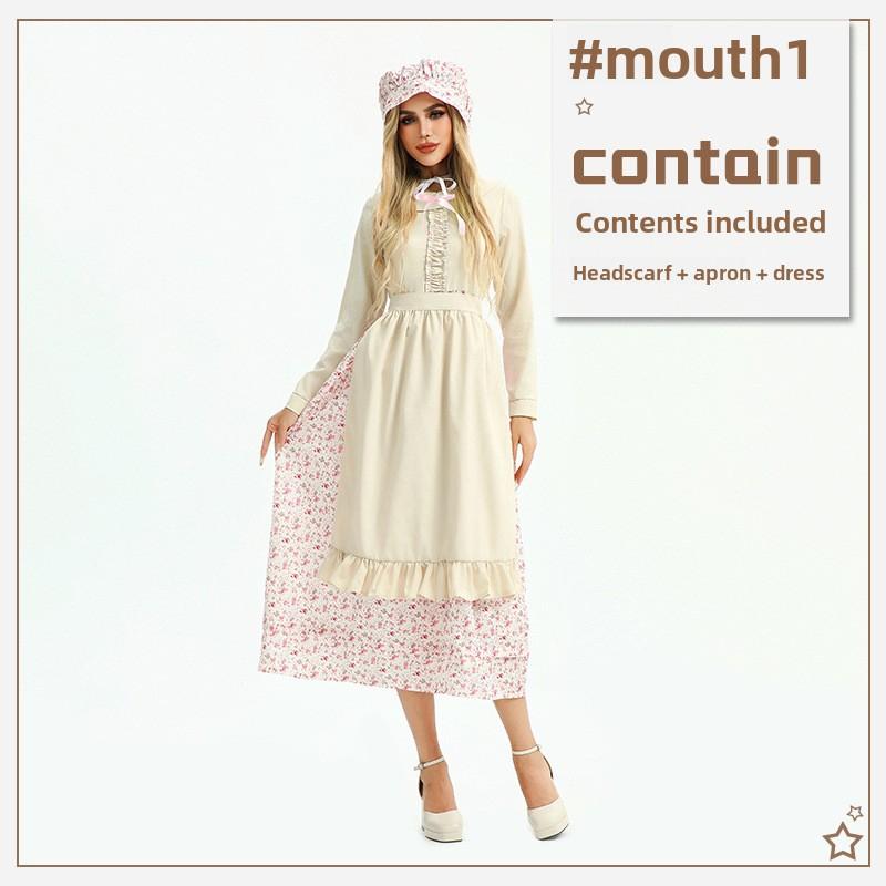 Adult Halloween Costume Dress, Floral Print, Three-Piece Set (Headscarf, Apron, Dress), Polyester, Sizes M-XL