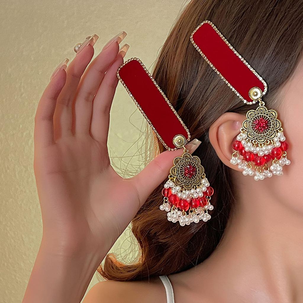 Ethnic Style Red Diamond Fringed Hairpin, New Year'S Retro Bohemian Fashion Temperament Hair Accessories