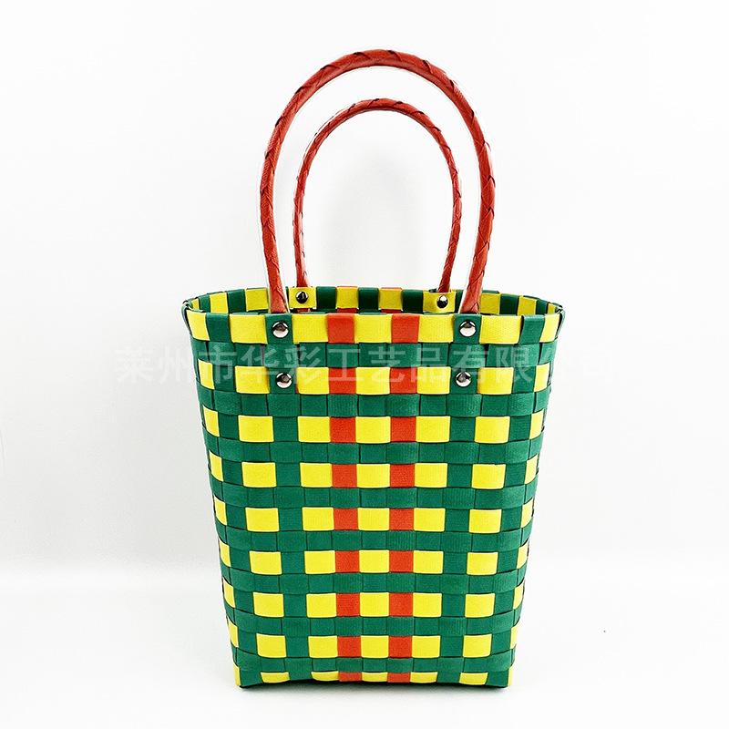 Bucket bag hand-woven contrasting color vegetable basket creative hand basket photo vacation leisure women's bag