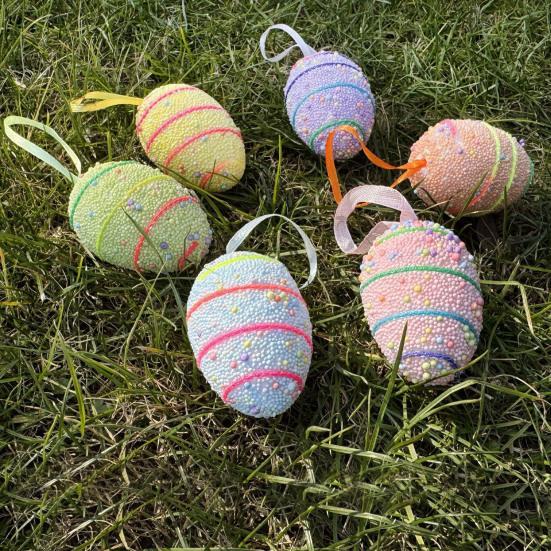 6Pcs Easter Eggs with Hanging String Foam Hanging Ornaments Striped Colorful Decoration for Easter Tree Home Party And Spring Crafts