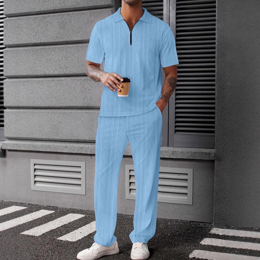Men's Solid Color Textured Short Sleeved Trousers Suit Casual Sports Short Sleeved Trousers Suit