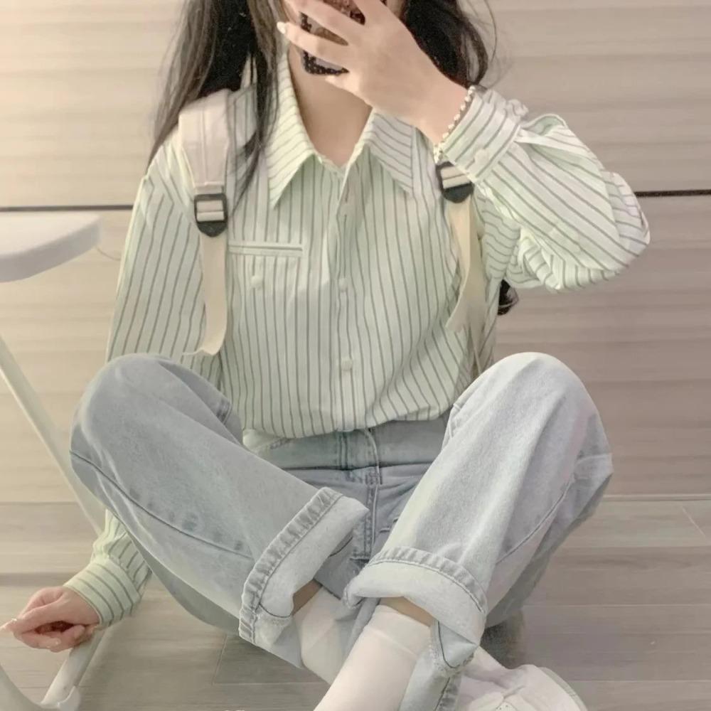 VAYLA Casual Commuting Long Sleeves Striped Shirt for Women Spring Autumn Loose Japanese Style Retro Small Shirt Chic Top for Women