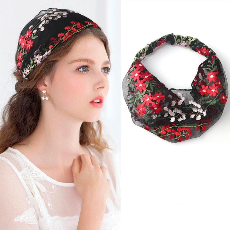 Female Ethnic Hairbands Elastic Embroidery Lace Flower Headband Chiffon Wide Head Wrap for Women Cross Knotted Hair Accessories