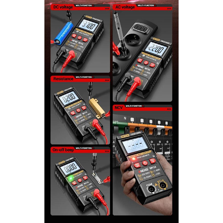 ANENG M114 Smart Multimeter 600V AC/DC Voltmeter 4000 Counts NCV Resistance Tester with Buzzer Data Hold Auto Shutdown