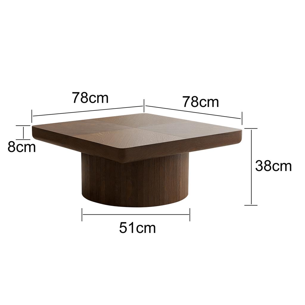 78cm Square Coffee Table for Living Room, Modern Wood Veneer Top with Parquet Pattern & Cylindrical Base, Thickened Tabletop, Easy Assembly, Walnut